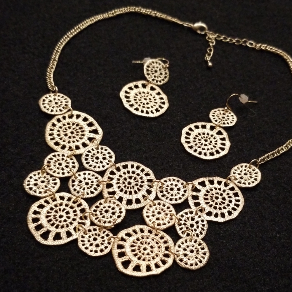 Brushed Gold Spiral Shell Bib Necklace & Earrings